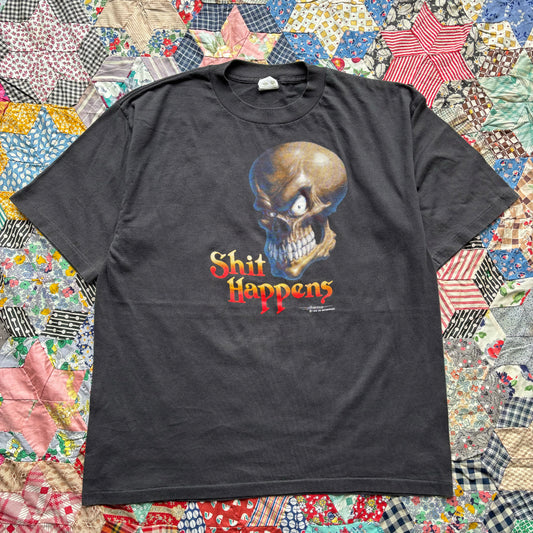 Vintage 1980s Shit Happens Skull Tee. Large